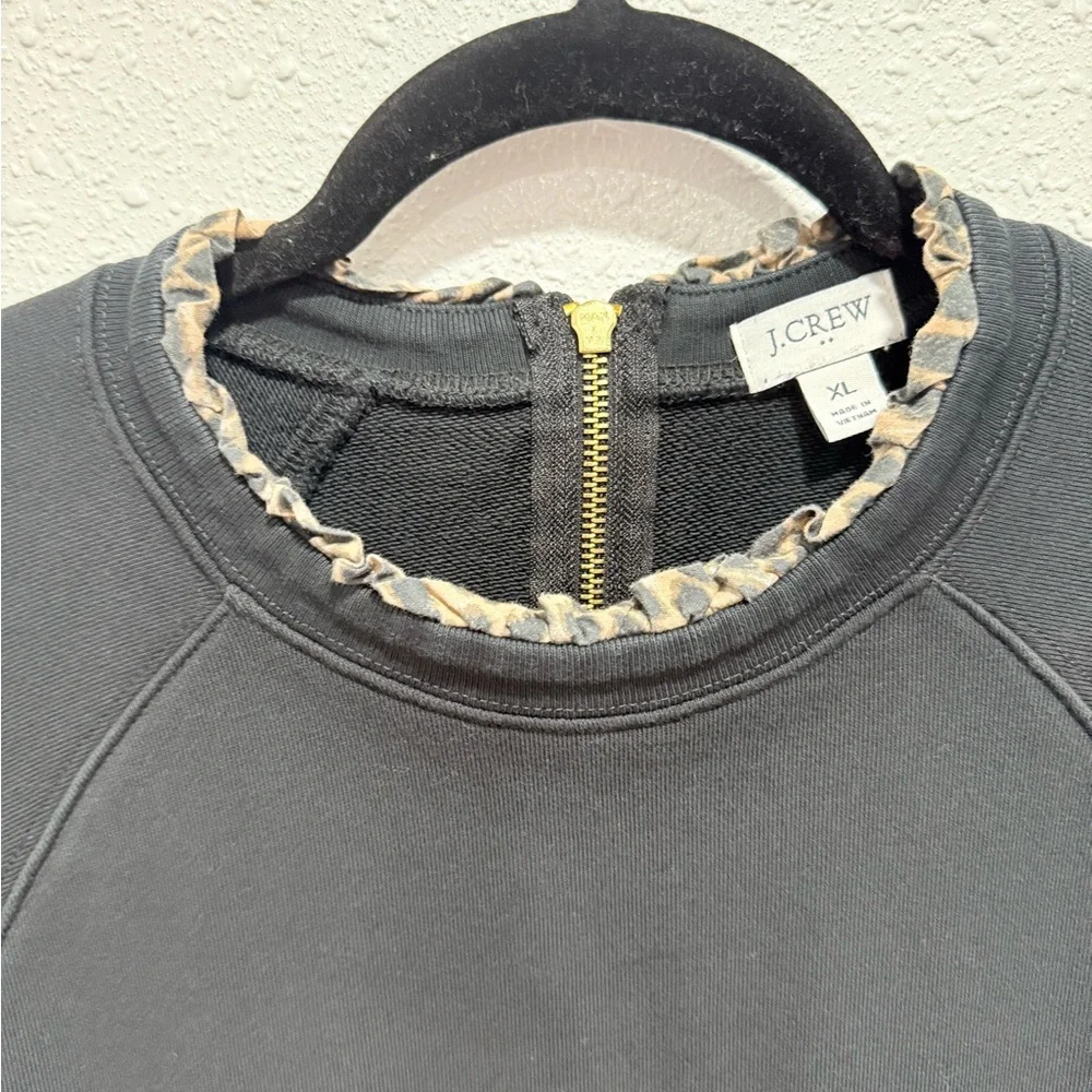 J. Crew Black Crewneck Sweatshirt with Leopard-Edge Trim XL‎